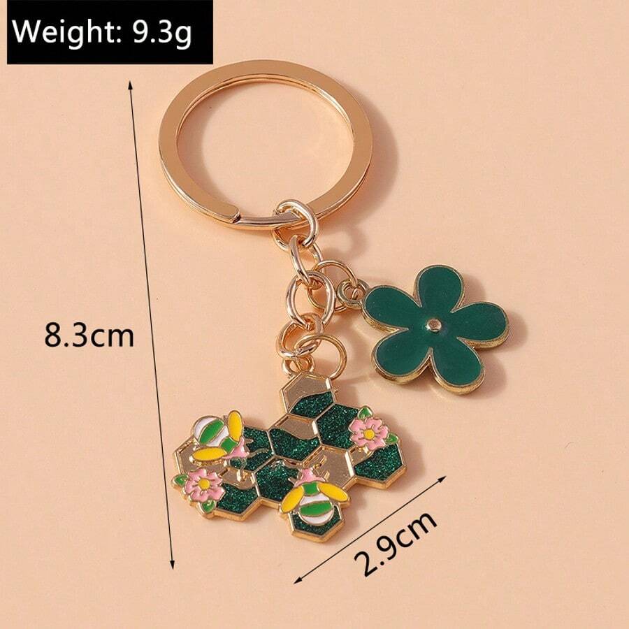 1pc Unisex Mori Style Bee Honeycomb Flower Keychain Vintage Oil Drop Glitter Metal Pendant Creative Backpack Charm Bag Key Hanger - Multicolor - View 1