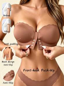 Mocha Front-Clasp Fan-Shaped Bandeau Bra, Upgraded Wide Silicone Anti-Slip Strip, Soft Comfortable Lining, Seamless Wire-Free Women's Lingerie - Coffee Brown - View 9