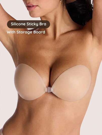 Lignisse Solid Silicone Sticky Bra With Storage Board Invisible Push Up Front Closure Strapless Backless Seamless Reusable Breast Pasties Women Intimates