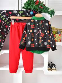 Vihyde Young Boys Christmas New Arrival 2 Pieces Outfit, Santa Candy Cane Print Spliced 2 In 1 Polo Shirt & Jogger Pants Set - Red - View 4