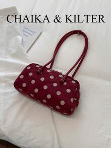 CHAIKA & KILTER 1pc Colorblock Matte Suede Fabric Shoulder Bag Women's Fashion Large Capacity Bowling Bag All-Over Polka Dot Pattern Dual Handle Design Zipper Closure Suitable For Daily And Street Use - Red - View 10