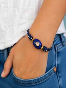 1 Peça Pulseira Ajustável Trançada com Pingente Oval de Pedra Azul Estilo Boêmio para Uso Diário - Multicolorido - Visão 4