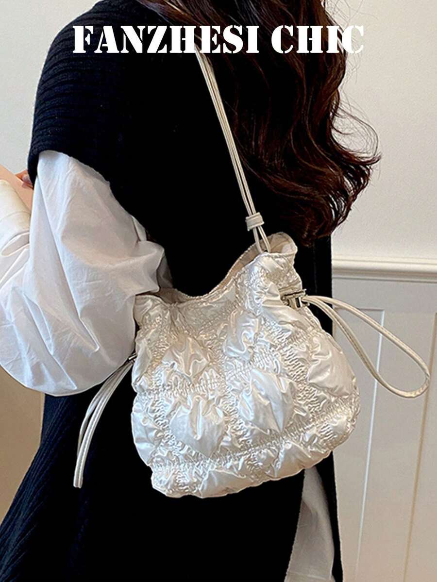 Women's Ruched Textured Bucket Bag With Adjustable Thin Strap, Loose Multi-Compartment Storage, Drawstring Closure, Niche Style, Versatile Crossbody Shoulder Bag For Daily Wear, Dating, Party, Travel, Shopping And Casual Outings - White - View 1