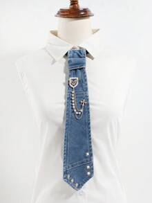 1PC Fashion Versatile Unisex Denim Style Detachable Faux Rhinestone Pearl Chain Wing Small Round Hole Decor No-Tie Denim Necktie Suitable For Daily Wear, Shopping, Party, Travel, Dating - Blue - View 1