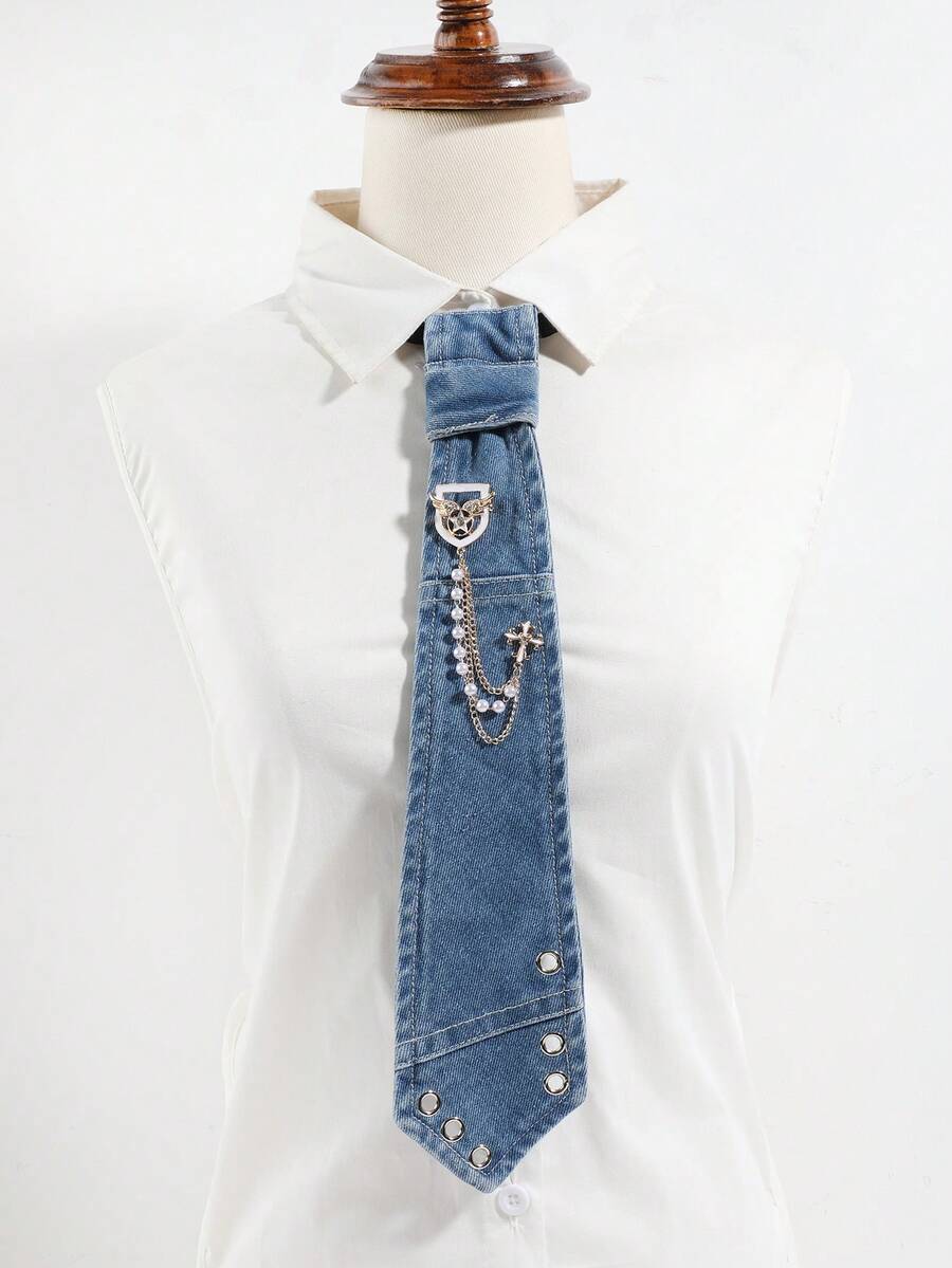 1PC Fashion Versatile Unisex Denim Style Detachable Faux Rhinestone Pearl Chain Wing Small Round Hole Decor No-Tie Denim Necktie Suitable For Daily Wear, Shopping, Party, Travel, Dating - Blue - View 1