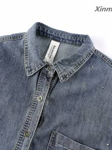 Early Spring New Vintage Rhinestone Denim Jacket Women's Loose Fit Collar Jacket Sun Protection Shirt Vacation Casual Travel Daily Elegant - Dark Wash - View 5