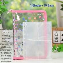 Fresh Laser Heart A5 Transparent Zipper 6-Ring Binder + 10pcs 2-Slot Pocket Set, Suitable For Daily Storage Of Various Items - Black - View 9