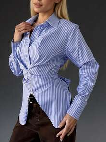 Women's Elegant Commute Chic Waist-Cinching Design Lapel Long Sleeve Striped Shirt (With Shoulder Pads) Front Button Asymmetrical/Asymmetrical Daily Date - Blue and White Stripes - View 3