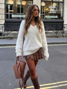 Women's Autumn/Winter Plush V-Neck Long Sleeve Pullover Sweater - White - View 3