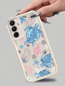 1pc Blue Sea Turtle Coral Print Pattern Phone Case, Black Edge Leather Frame Shockproof Soft TPU Protective Cover, Compatible With GALAXY, HONOR, Phones - White - View 1