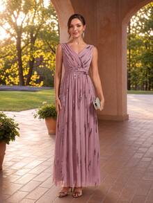 EVERPRETTY Autumn Elegant Luxury Sequin Embroidered Formal Evening Gown Suitable For Wedding Guest, Bride's Mother, Party And Semi-Formal Occasions - Dusty Pink - View 8