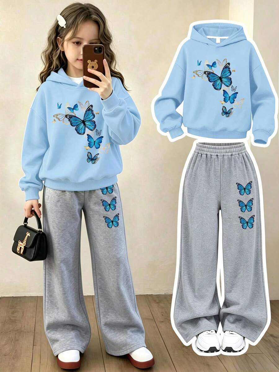 Fashion Street Youth Girl Butterfly Print Hooded Sweatshirt With Printed Loose Pants, 2-Piece Set For Autumn/Winter - Baby Blue - View 1