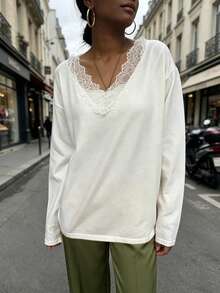 Women's Fashion Elegant Versatile Solid Color Lace Patchwork V-Neck Long Sleeve Casual Sweater - White - View 4