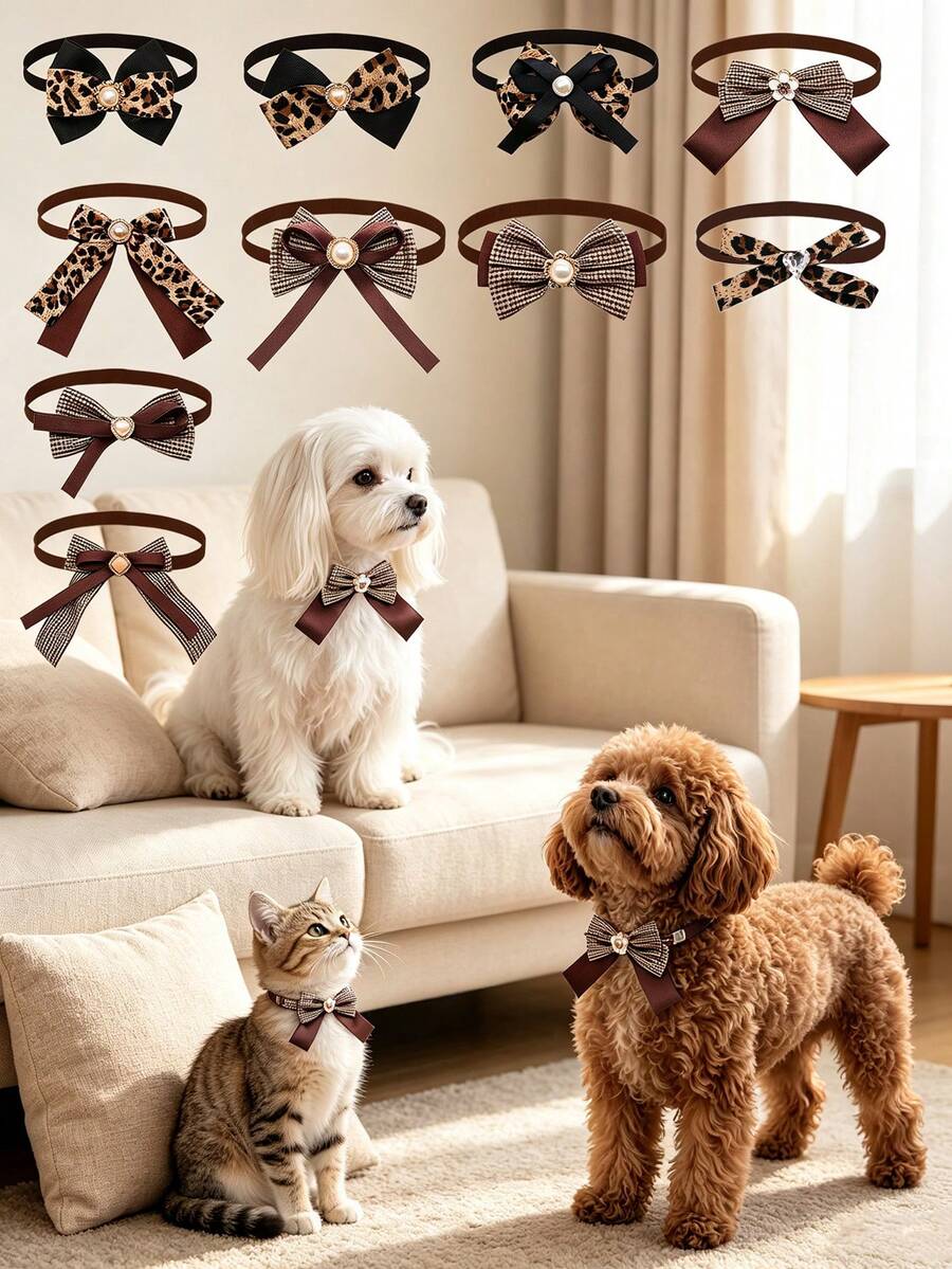 2/5/10pcs Retro Leopard Print Plaid Pet Bow Tie Collar, Light Luxury Pearl-Embedded Cat & Dog Neckwear, Teddy Maltese Cat Costume Accessory - Multicolor - View 1