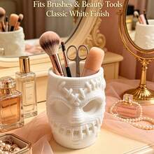 Cubo de almacenamiento multiusos con diseño de calavera cosida creativa, organizador de brochas de maquillaje de Halloween espeluznante, soporte de papelería para tocador, decoración de mesa festiva atmosférica - Multicolor - Ver 12