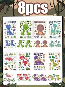8Pcs DIY Dinosaur Sticker Sheets For Toddlers, Mix & Match Create Your Own Cute T-Rex Brachiosaurus Decals, Fun Prehistoric Dino Craft Project Kit For Kids Birthday Party Favor Bags, Goody Bag Fillers, School Rewards & Classroom Game Prizes Stuff - Multicolor - View 1