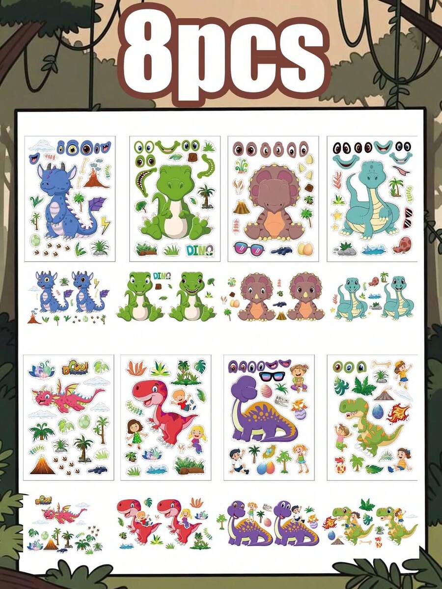 8Pcs DIY Dinosaur Sticker Sheets For Toddlers, Mix & Match Create Your Own Cute T-Rex Brachiosaurus Decals, Fun Prehistoric Dino Craft Project Kit For Kids Birthday Party Favor Bags, Goody Bag Fillers, School Rewards & Classroom Game Prizes Stuff - Multicolor - View 1