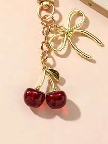 1pc Unisex Red Cherry Keychain, Fashionable 3D Bow Pendant, Luxury Style Exquisite Bag & Key Charm - Multicolor - View 4