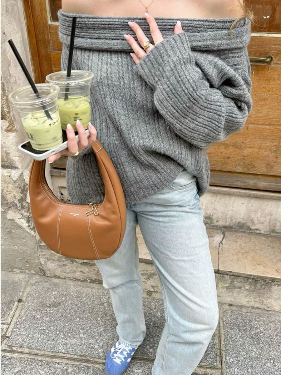 Women's Autumn/Winter Vintage Cold Shoulder Silver Gray Knit Top, Suitable For Daily Wear And Party Occasions. Women's Autumn/Winter First Choice Outfit Suitable For Halloween, Christmas, Daily Commute, Dating, Travel And Various Occasions New Year Beer Festival