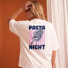 White Pasta Night T-Shirt With Retro Fork Graphic And Blue Lettering Vintage Italian Dinner Inspired Design Unisex Streetwear Top - White - View 2