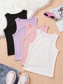 4 piezas de camisetas sin mangas acanaladas de colores aleatorios para niñas, camisetas básicas sin mangas de unicolor, top casual de verano para uso diario - Multicolor - Ver 5
