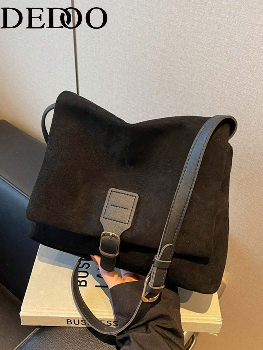 Dedoo 女款翻蓋斜挎信使包，裝飾扣帶，大容量，復古極簡風，適合秋冬通勤與約會，適合年輕女性 - 黑色 - 查看 1