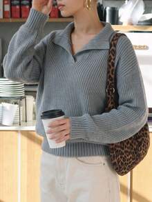 Women Fall Winter Grey Sweater Polo Collar Loose Fit Casual Back To School, Street, Shopping, Daily Wear - Grey - View 5