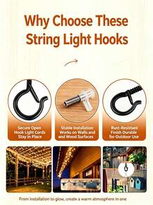 String Light Hooks Set, Black Rust‑Resistant Screw Hooks With Safety Buckle, Wall Anchors & Screws Included, Easy Install For Outdoor Patio Christmas String Lights, Plants & Wind Chimes - Black - View 7