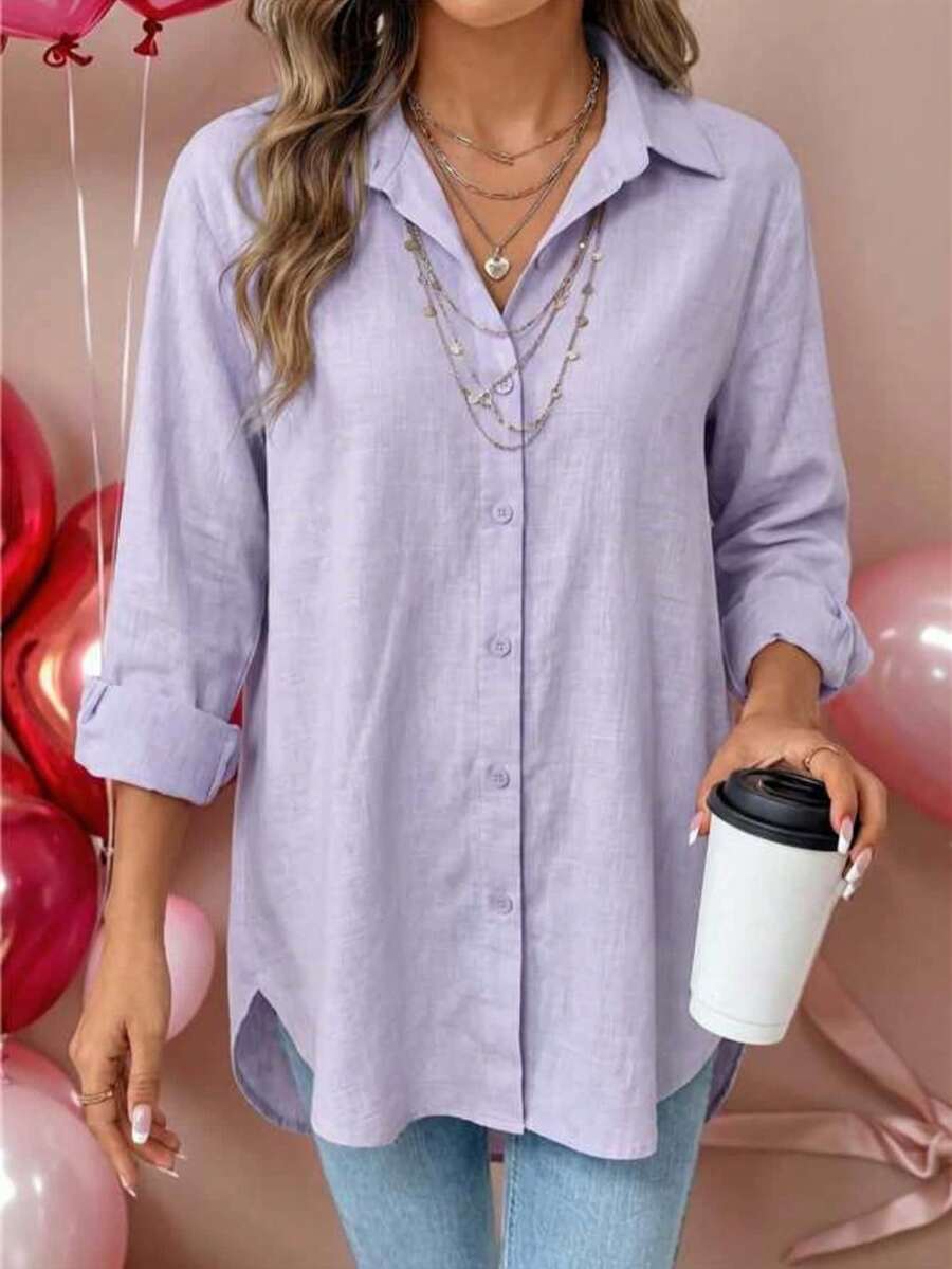 Women's Purple Long Sleeve Polyester Button-Down Shirt Dress, With Collar, Button Front, Roll-Up Sleeves And High-Low Curved Hem, Loose Casual Top, Front Short Back Long Design, Suitable For Spring/Autumn Street Wear, Spring - Purple - View 1