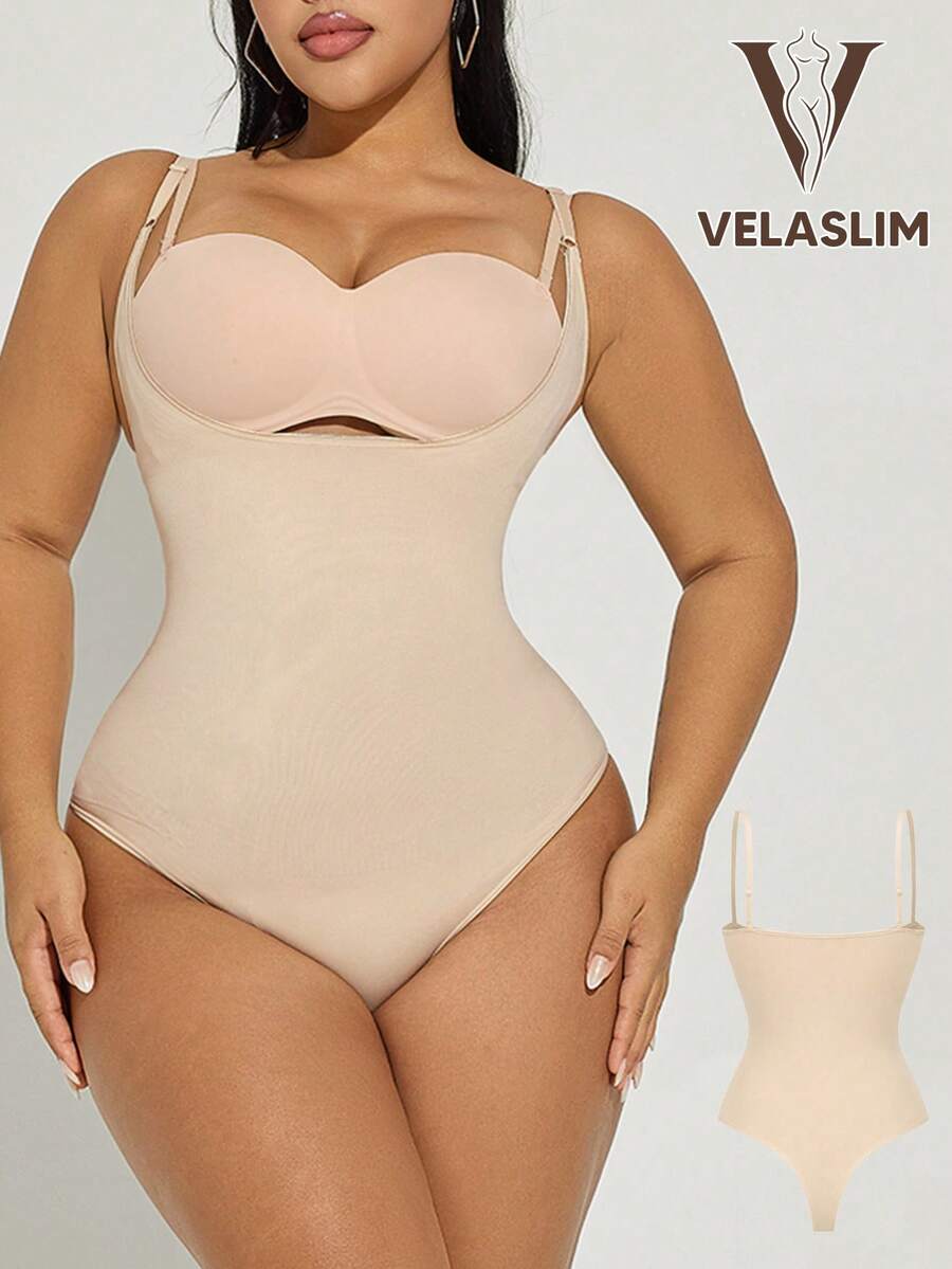 Women's Plus Size Shaping Jumpsuit, Open Chest Design, Firming And Tummy Control - Apricot - View 1