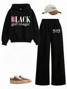 Teen Girls Street Fashion Letter Print Hoodie + Casual Pants 2pcs Set, Autumn Winter Outfit, Campus Style, Homecoming Look - Black - View 4