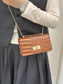 Faux Leather Solid Color Stone Texture Fashion Mini Chain Strap Patent Leather Shoulder Bag - Brown - View 2