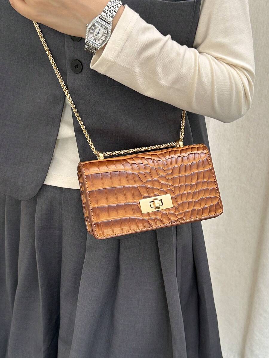 Faux Leather Solid Color Stone Texture Fashion Mini Chain Strap Patent Leather Shoulder Bag