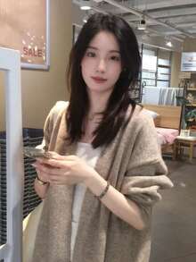 韓国風 レディース ニットカーディガン ベージュ 長袖 ゆったりシルエット 羽織り 体型カバー カジュアル 秋冬 通勤 お出かけ - カーキ - チェックする 2