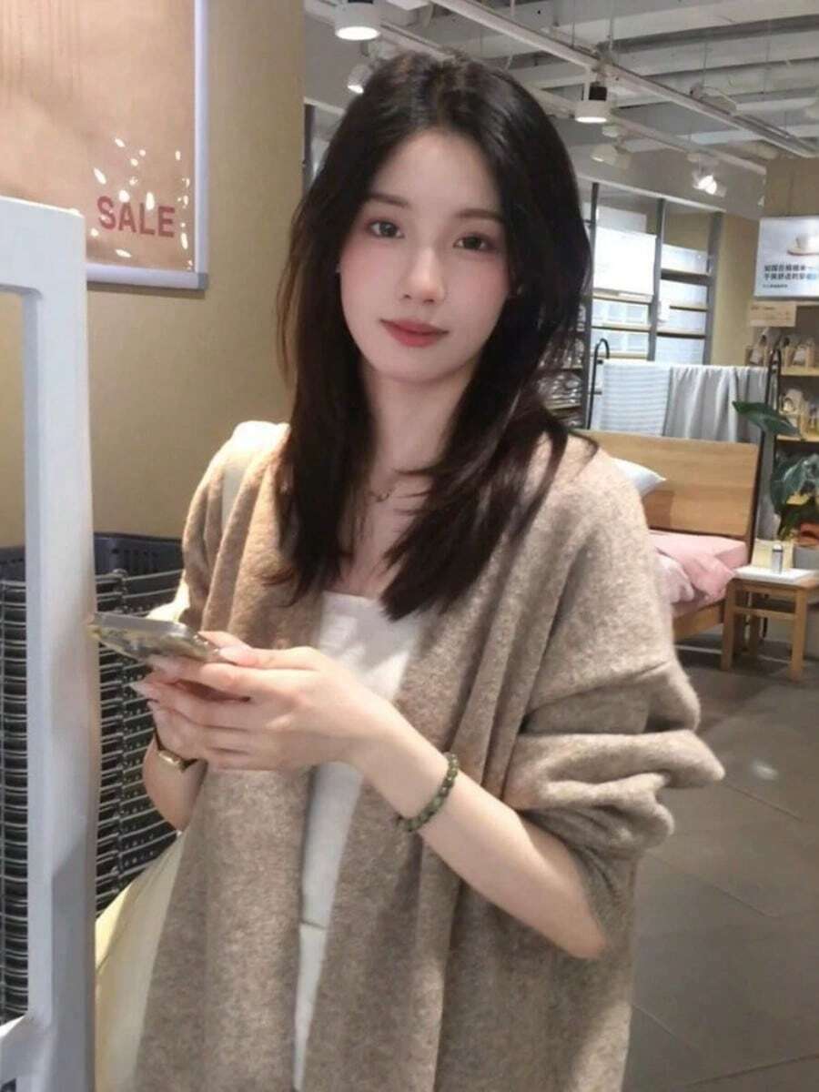 韓国風 レディース ニットカーディガン ベージュ 長袖 ゆったりシルエット 羽織り 体型カバー カジュアル 秋冬 通勤 お出かけ