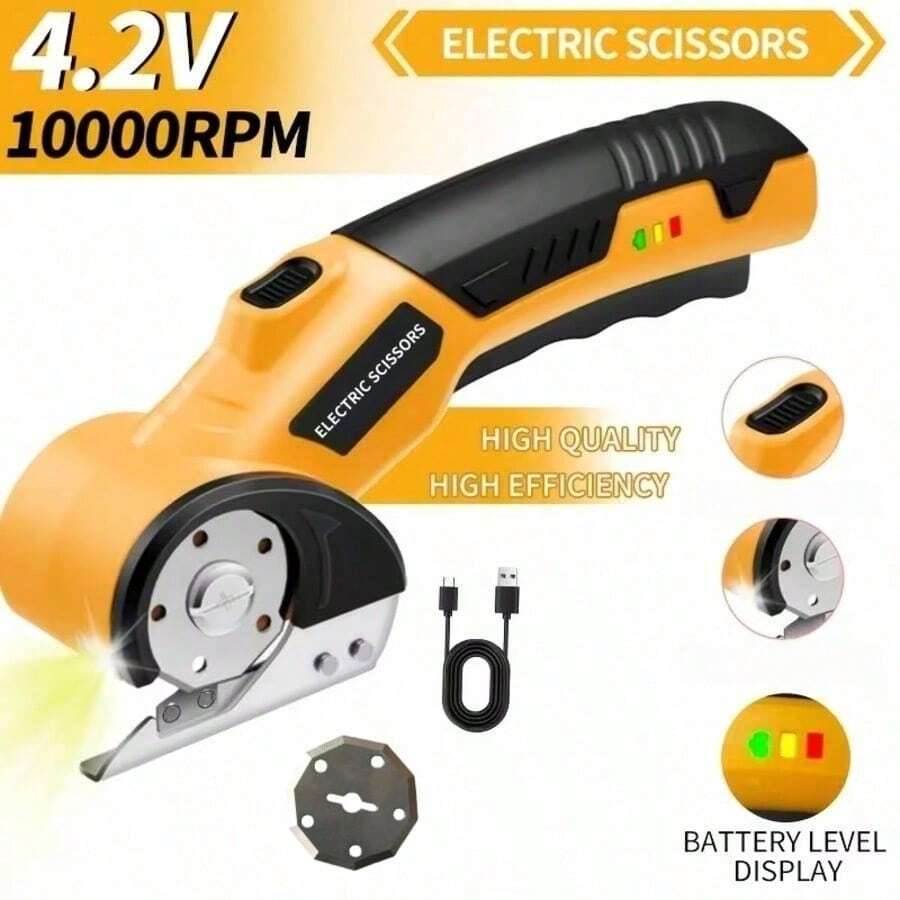 4.2V Cordless Electric Scissors With Safety Lock And LED Light, Ergonomic Non-Slip Handle, 10000 RPM Rotary Cutter, 2000mAh Battery, Suitable For Clothing, Cardboard, Carpet, Leather, Fabric, Cardboard Cutter, Fabric Cutter
