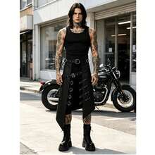 Rok Asimetris Gaya Dark Rock Punk Goth Eropa dan Amerika untuk Pakaian Panggung Pria, Desain Lubang Tali Ganda - Hitam - View 1