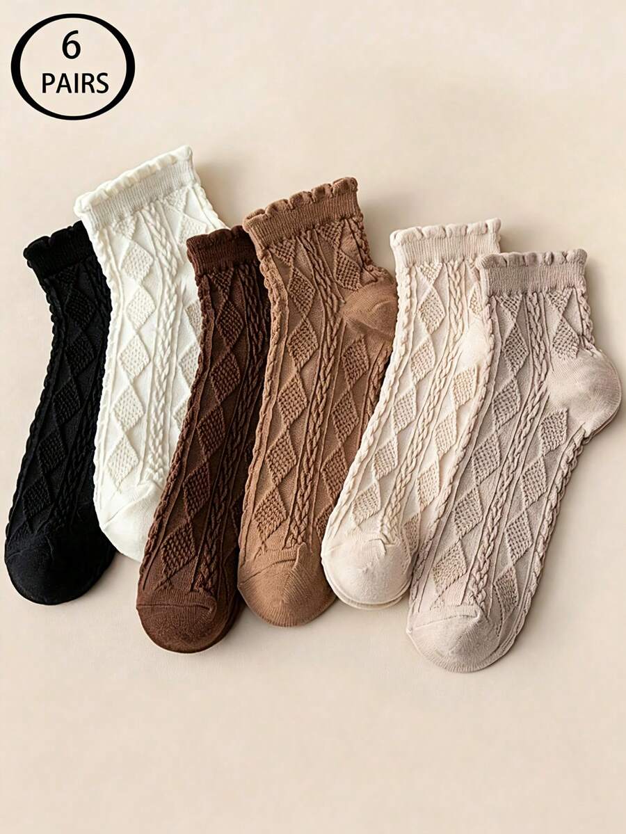 6 đôi tất ngắn nữ màu trơn họa tiết kim cương, thoáng khí và thoải mái, có viền ren, phù hợp cho mùa xuân, thu và hè, tất dễ thương - Nhiều màu - Xem 1