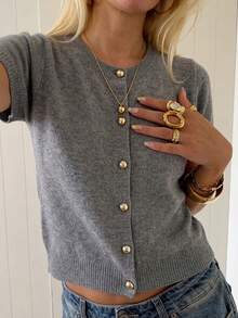 Women's Casual Elegant Cute Solid Color Short Sleeves Slits Crewneck Cardigan Pullover Sweater Gold Button Going Out - Grey - View 2