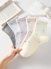 4 Pairs Women's Cute Sweet Romantic Breathable Bow Pattern Short Socks, White Casual Comfortable Mid-Calf Socks, College Style Student Socks, Fashionable Comfortable, Random Color, Suitable For Daily Wear, Spring Summer Autumn Winter All Seasons - Multicolor - View 3