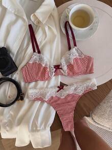 Vintage Gingham Plaid Lace Bow Lingerie Set, Womean Bra & Thong 2‑Piece Set - Red - View 2