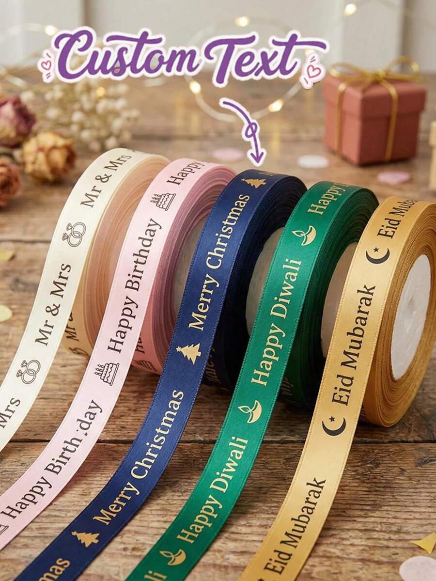 Personalized Gift Wrapping Ribbon, Custom Name Text Satin Ribbon, DIY Christmas Wedding Birthday Present Packaging Decoration Supplies - Multicolor - View 1