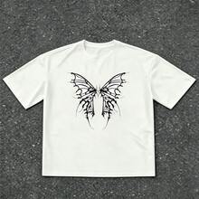 Vintage Cotton Dark Line Butterfly Print Crew Neck T‑Shirt Street Airport Vacation Outfit All Season Short Sleeve Tee - White - View 2