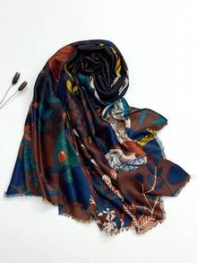 1pc Simple Printed Women's Scarf, Fashionable New Style Sun Protection Beach Shawl, Silk-Like Linen Feel Wrap - Coffee Brown - View 2