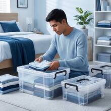 FICOZY Set 2 Cajas Almacenamiento 6L+12L Transparente con Asas Cierre Apilable para Hogar Oficina - 6L+12L - Ver 7