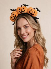 Halloween Pumpkin Expression Headband, Funny & Cute Gold Wire Pumpkin & Bat Design, Holiday Costume Head Accessory - Multicolor - View 4