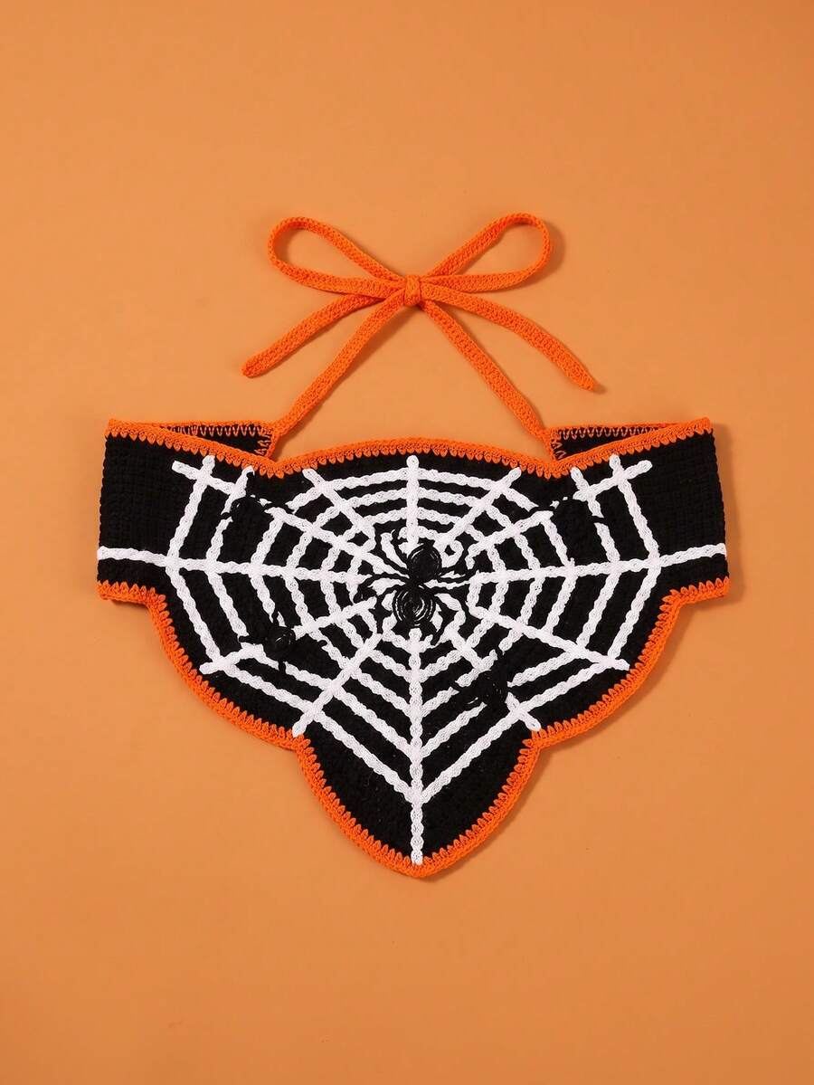 1pc Handmade Crochet Halloween Triangle Bandana With Spooky Spider Web Pattern, Versatile Tie Hair Accessory For Daily & Party - Black and White Spider Web - View 1