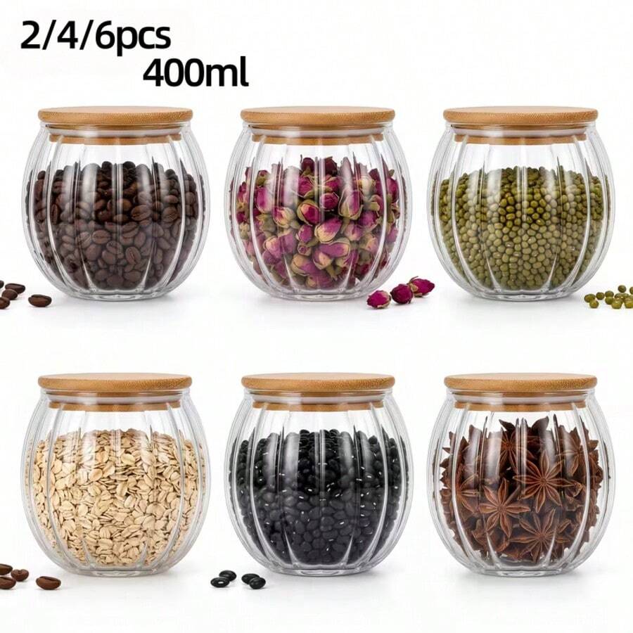 2/4/6 hũ thủy tinh trong suốt gợn sóng tròn 400ml có nắp, hộp đựng thủy tinh đa năng cho nhà bếp, hũ đựng kẹo Giáng Sinh/Halloween, phù hợp đựng gia vị, trà thảo mộc, hạt cà phê, hạt khô và thực phẩm khô, đồ dùng sắp xếp nhà bếp, phù hợp cho ngày lễ và làm quà cưới - Xem 1