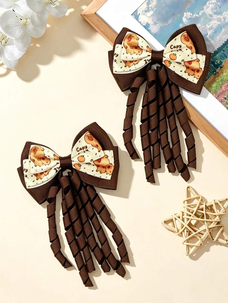2PCS Children's Cartoon Capybara Print Bow Hair Clips, Long Curly Ribbon Decor Hair Clips, Suitable For Daily Wear And Outings - Multicolor - View 1
