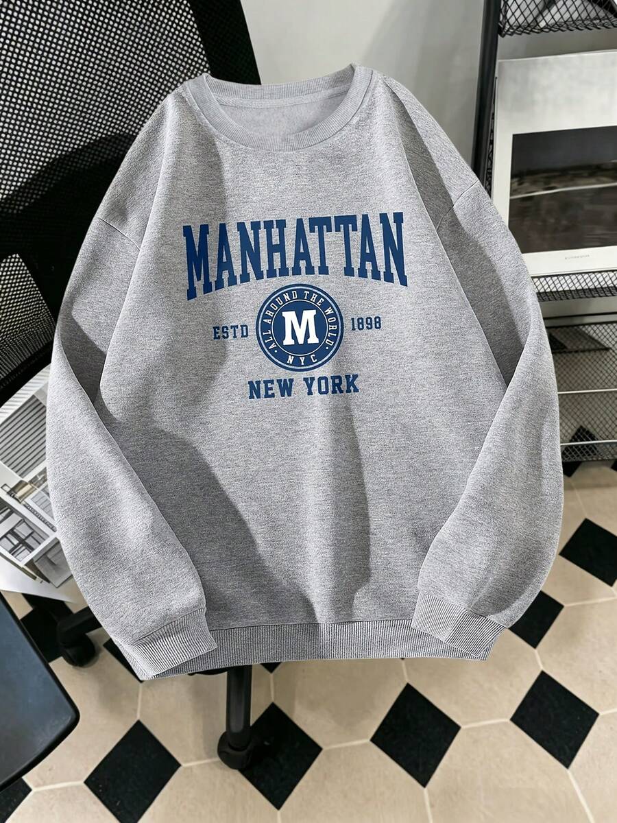 Women Crew‑Neck Sweatshirt, Simple Letter‑Print Casual Long‑Sleeve Pullover Top For Fall & Winter Daily Wear - Grey - View 1